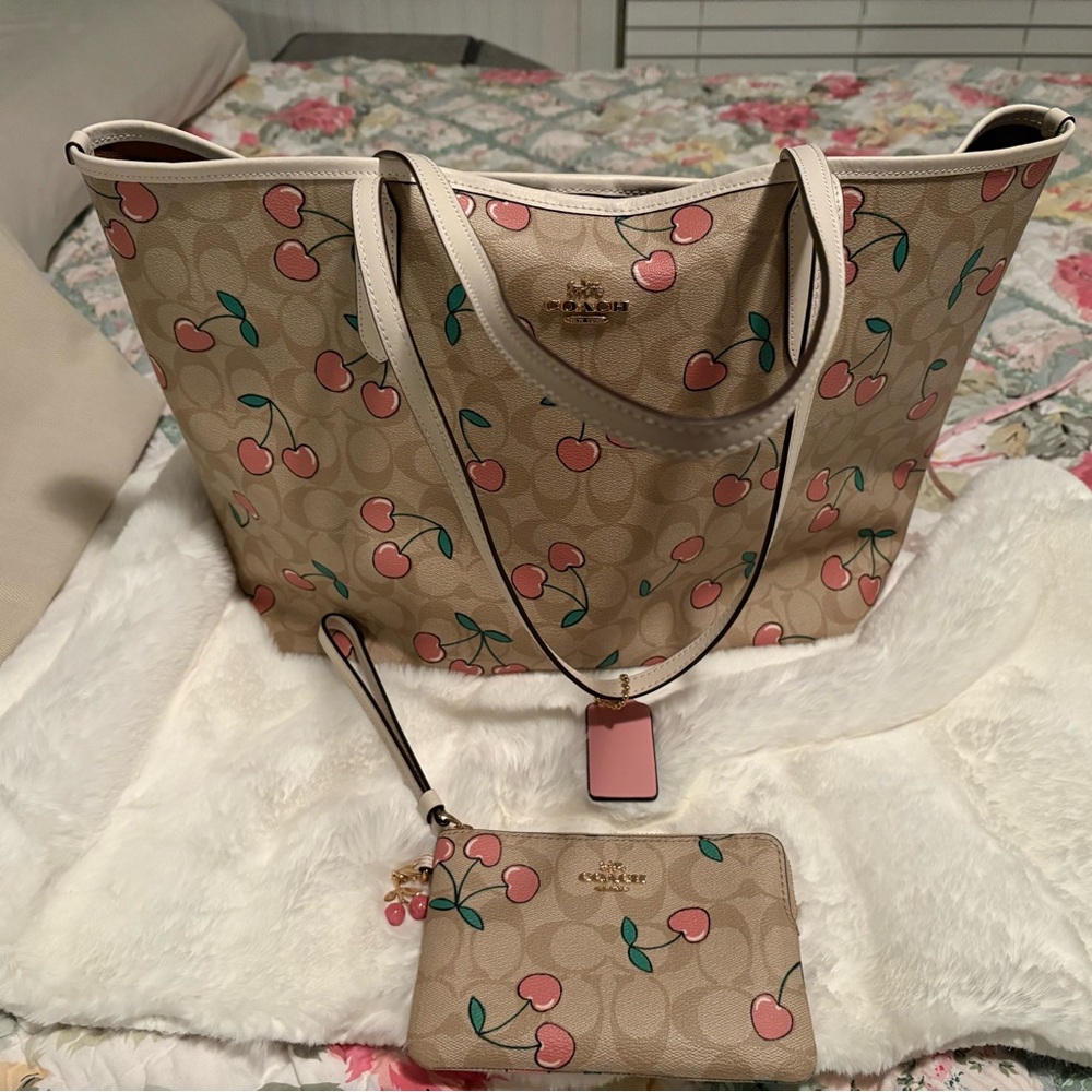 Coach Cherry Print Tote and Wristlet Set - Tan and Pink